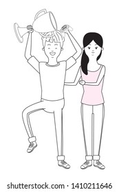 Millennial people tech and game party redhead meeting lifting trophy