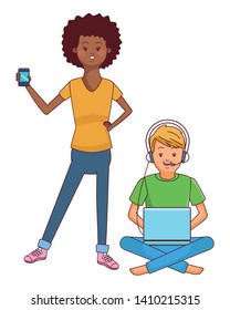Millennial people tech and game party meeting using smartphone laptop user