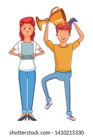 Millennial people tech and game party redhead meeting lifting trophy tablet user