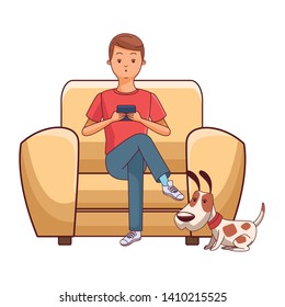 Millennial people tech and game party meeting guy playing sitting on couch using smartphone and pet dog