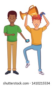 Millennial people tech and game party redhead meeting lifting trophy using smartphone