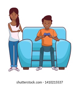 Millennial people tech and game party meeting guy playing sitting on couch