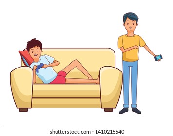 Millennial people tech and game party meeting guy playing sitting on couch using smartphone
