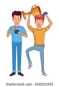 Millennial people tech and game party redhead meeting lifting trophy using smartphone