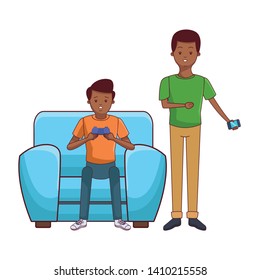 Millennial people tech and game party meeting guy playing sitting on couch using smartphone