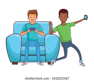 Millennial people tech and game party meeting guy playing sitting on couch using smartphone