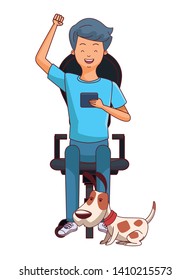 Millennial people tech and game party meeting using smartphone and pet dog