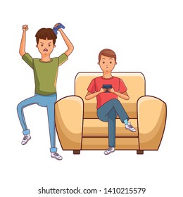 Millennial people tech and game party meeting guy playing sitting on couch using smartphone