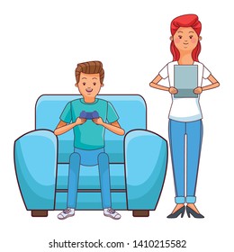 Millennial people tech and game party meeting guy playing sitting on couch tablet user