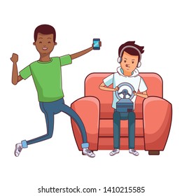 Millennial people tech and game party meeting guy playing sitting on couch using smartphone