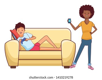 Millennial people tech and game party meeting guy playing sitting on couch using smartphone