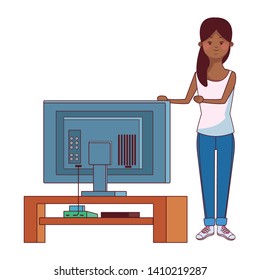Millennial people tech and game party meeting with tv screen