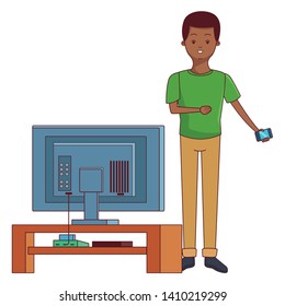 Millennial people tech and game party meeting using smartphone with tv screen