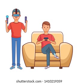 Millennial people tech and game party meeting guy playing sitting on couch using vr headset using smartphone