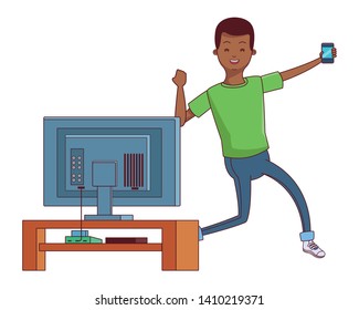 Millennial people tech and game party meeting using smartphone with tv screen