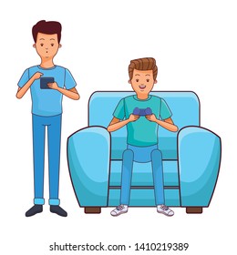 Millennial people tech and game party meeting guy playing sitting on couch