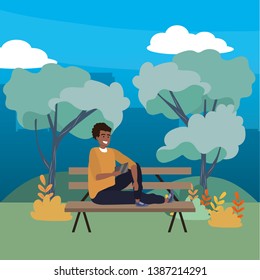 Millennial person sitting on park bench background