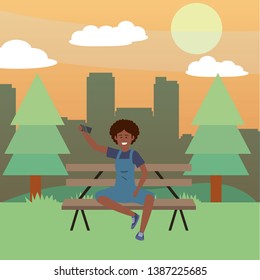 Millennial person sitting on park bench background