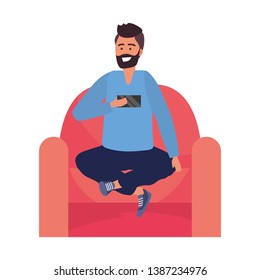 Millennial person sitting with smartphone