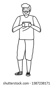 Millennial person using smartphone black and white Millennial person using smartphone black and white