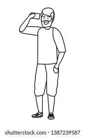 Millennial person using smartphone black and white