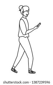 Millennial person using smartphone black and white