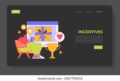 Millennial relaxing with rewards on screen, depicting online incentives and virtual benefits. Comfort in digital age. Vector illustration.