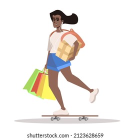 Millennial shopper semi flat RGB color vector illustration. Energetic girl with shopping bags rolling on skateboard isolated cartoon character on white background