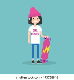 Niña de patinaje millenés con pantalones T con señal de potencia femenina / Ilustración vectorial plana editable