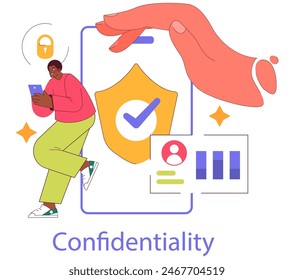 Millennial smartphone user protected by digital privacy shield. Online data security and confidential user information concept. Vector illustration.