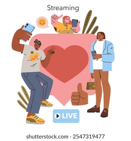 Conceito de streaming milenar. Jovens adultos envolvidos em atividades de transmissão ao vivo, compartilhando conteúdo e expressando aprovação. Interação com as redes sociais, estilo de vida digital. Ilustração vetorial.