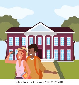 Millennial student couple on campus background
