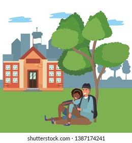 Millennial student couple on campus background