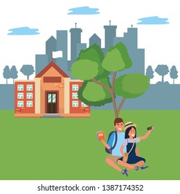 Millennial student couple on campus background