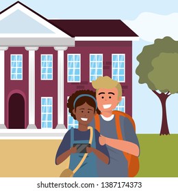 Millennial student couple on campus background