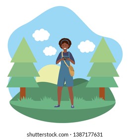 Millennial student outdoors using smartphone background frame