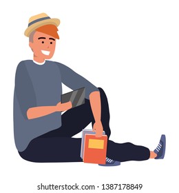 Millennial student sitting browsing on smartphone isolated
