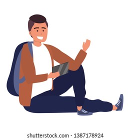 Millennial student sitting browsing on smartphone isolated