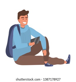 Millennial student sitting browsing on smartphone isolated