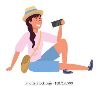 Millennial student sitting browsing on smartphone isolated