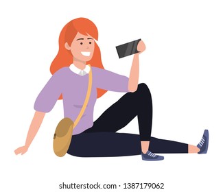 Millennial student sitting browsing on smartphone isolated