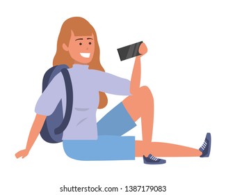 Millennial student sitting browsing on smartphone isolated