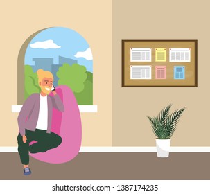 Millennial student sitting on waiting room