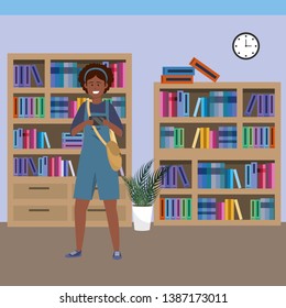 Millennial student using smartphone on library