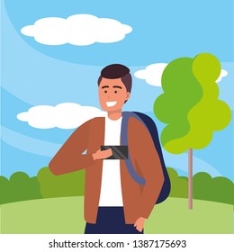 Millennial student using smartphone outdoors