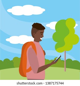 Millennial student using smartphone outdoors