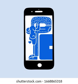 Millennial user, male character, smartphone addiction. People illustration. Social media and Internet addiction concept. Man seating inside the smart phone. Flat vector illustration.