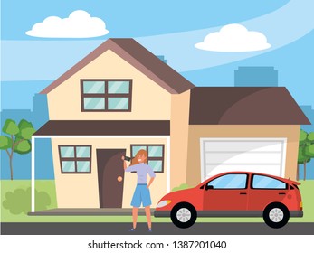 Millennial using smartphone browsing house background
