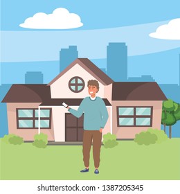 Millennial using smartphone browsing house background