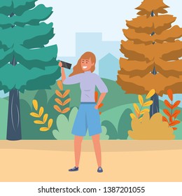 Millennial using smartphone browsing selfie nature background